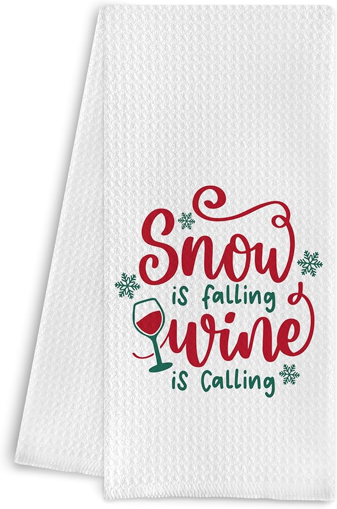 Christmas Wine Kitchen & Hand Towels - Snow is Falling, Wine is Calling - Dish & Tea Towels for Kitchen & Bathroom Decor - 16 x 24 Inches