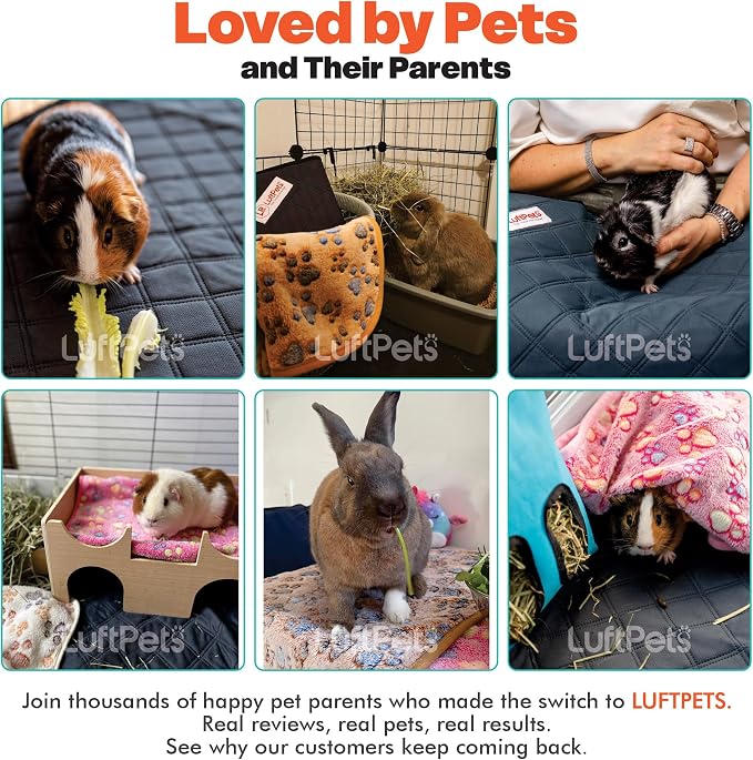 LUFTPETS Guinea Pig Cage Liners 5 Pcs, Washable C&C 2X4 Pads & Fleece Mats | 2 Absorbent Bunny Pee Pads 57x28, 3 Soft Blankets. Top Releases Hay. Waterproof Non-Slip Rabbit Bedding