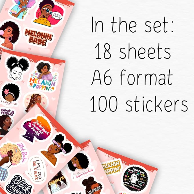 100Pcs Black Girl Stickers for Planner, for Water Bottle, for Adults - Black Girl Gifts for Women, Favors & Decorations - African American Stickers and Decals - Gifts for Women & Men