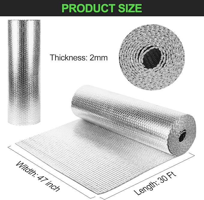 Reflective Insulation Roll 47inch x 30Ft Double Bubble Reflective Aluminum Foil Wrap Insulating Sheet Thermal Shield Radiant Barrier for Winter RV Window Thermal Cold Insulation Summer Heat - Silver