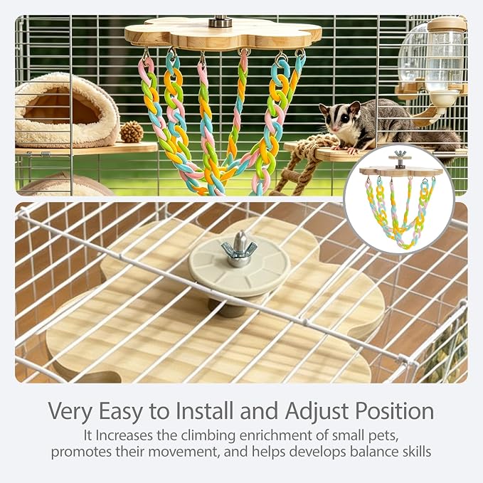 Sugar Glider Climbing Toys Haning Swing Sugar Glider Cage Accessories | Natural Wood Climbing Toys Sugar Glider Accessories Rat Enrichment Toys for Small Animals Rat and Birds (Hanging Style A)