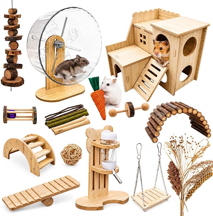 26 Pcs Hamster Cage Accessories, Silent Wheel & Wood House Set | Includes Maze House, Water Bottle, 13 Chew Toys, Seesaw Bridge; Natural Wood, for Guinea Pigs Chinchillas Gerbils Mice Rats