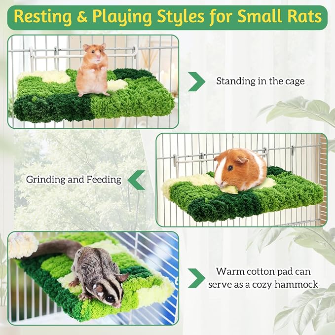 Rat Cage Platform 2Pcs Rat Cage Accessories with Warm Velvet, Sugar Glider & Chinchilla Toy Cage Hanging Shelf Stand, Rest Perch Fit Squirrel Gerbil Mouse Green Pet Standing Jumping(Medium)