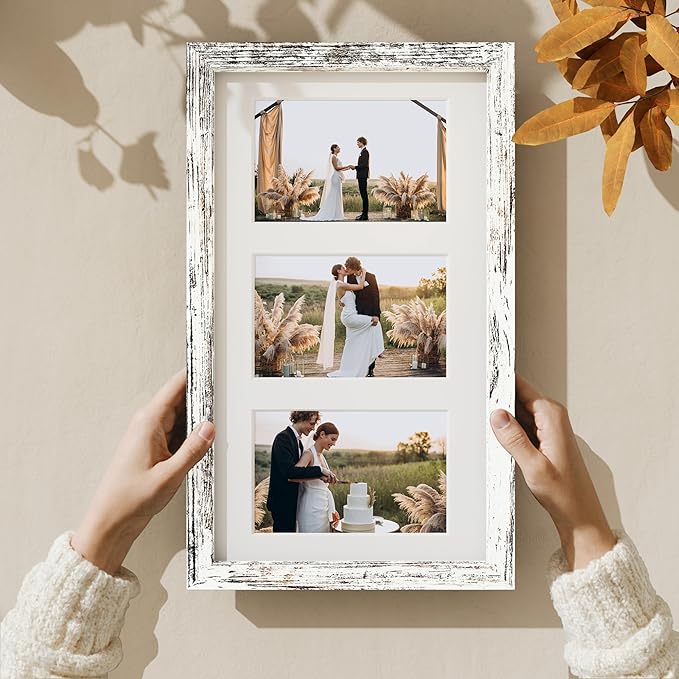 Vittanly 8x14 Picture Frames Collage Wall Decor, Displays 3Pcs 4x6 Pictures with Mat or 1Pcs 8x14 without Mat, Collage Picture Frame for Horizontal or Vertical Display, Distressed White, 1 Pack