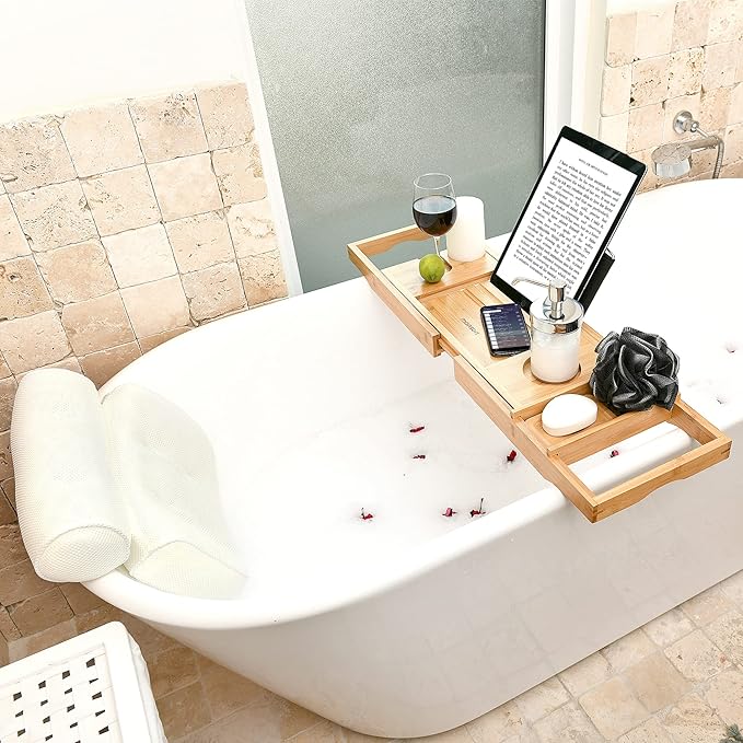 Luxurious Bath Gift Set for Women: Bamboo Bathtub Tray Caddy, Bath Spa Pillow, Bath Bombs & Bath Salts - Ultimate Spa Day Gifts for Women, Relaxation Gift Basket for Moms & Self Care