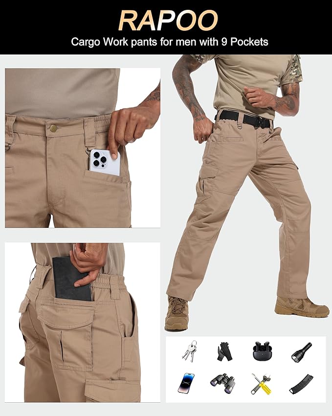 Rapoo Ripstop Water Resistant Cargo Tactical Pants for Men EDC Hiking Work Military Army Pants with 9 Pockets