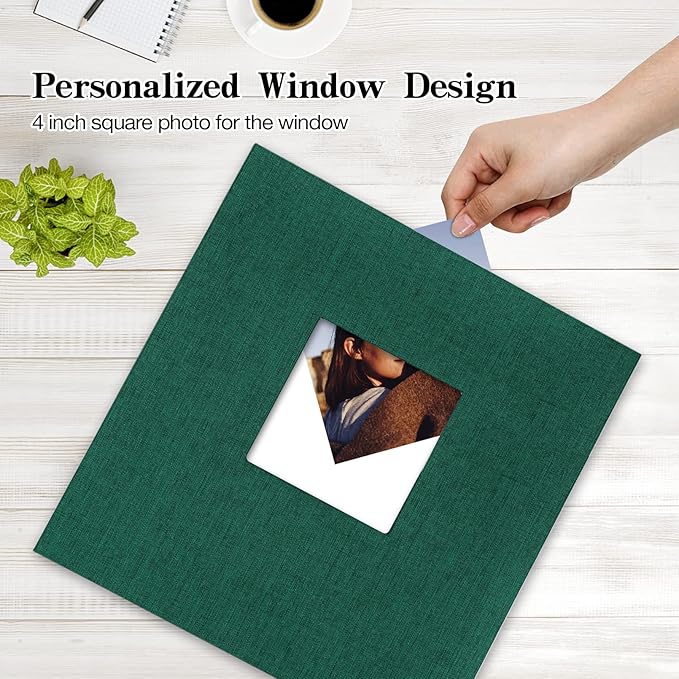 potricher 11x10.6 Inch Self Adhesive Photo Album Linen Cover 80 Pages Sticky 3x5 4x6 5x7 6x8 8x10 8.5x11 Magnetic DIY Scrapbook Photo Album with A Metallic Pen (Dark Green)