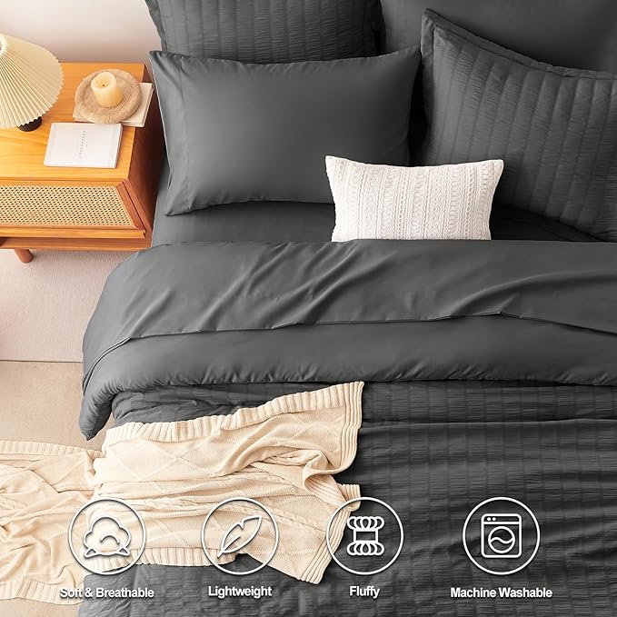 CozyLux California King Comforter Set with Sheets 7 Pieces, Dark Grey Seersucker Bed in a Bag Cal King Luxury Soft Bedding Sets with Down Alternative Comforter, Sheets, Pillowcases & Shams All Season