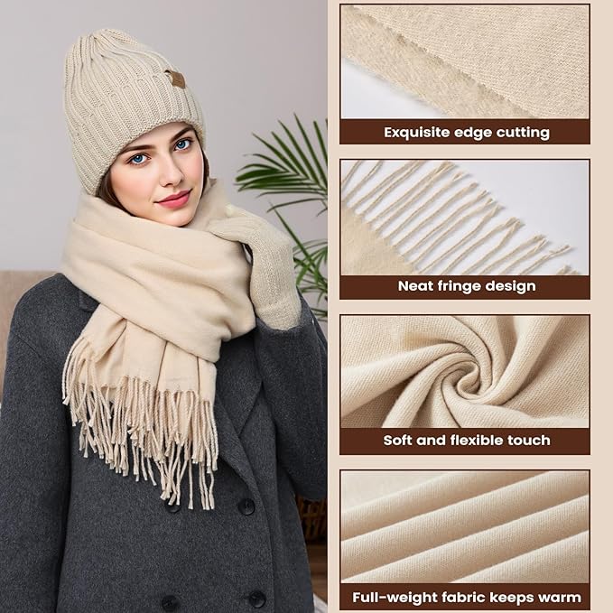 Women Winter Hat Beanie+Long Scarf+Touch Screen Gloves Set, Warm Clothes Set with Knit Fleece Lined for Women/Men Winter