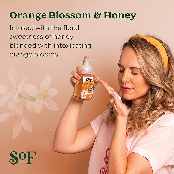 SoF Hydrating Foaming Hand Wash - With Organic Agave Nectar & Coconut Oil- Vegan & Non GMO- Free From Phthalates, Sulfates & Parabens- Orange Blossom & Honey - 8 oz Bottle 6 Pack
