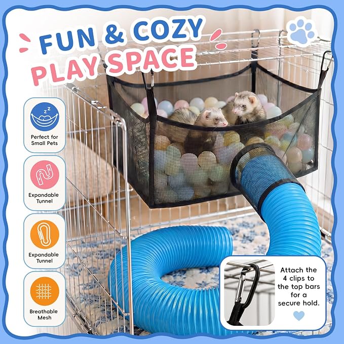 Mifoci Ferret Ball Hammock with Tunnel, Hanging Mesh Play Cube for Cage, Washable Small Animal Bed for Ferrets, Rats, Chinchillas & Guinea Pigs, 4 Clips, Black, (Balls Not Included)