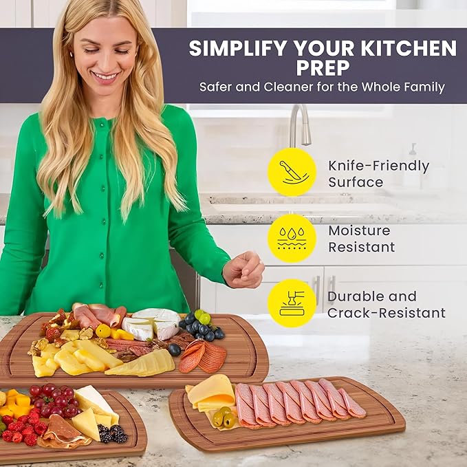 Organic Bamboo Wooden Cutting Board Set of 3 - Used to Chop Veggies, Carve Meat, Present Charcuterie at Mealtime Prep and Family Gatherings - Ideal for Professional and Busy Home Chefs - Dark