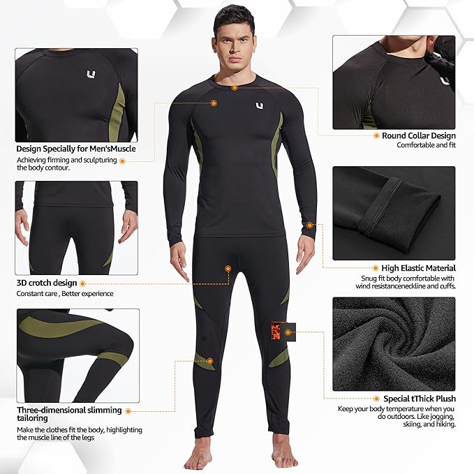 UNIQUEBELLA Men's Thermal Underwear Sets Top & Long Johns Fleece Sweat Quick Drying Thermo Base Layer