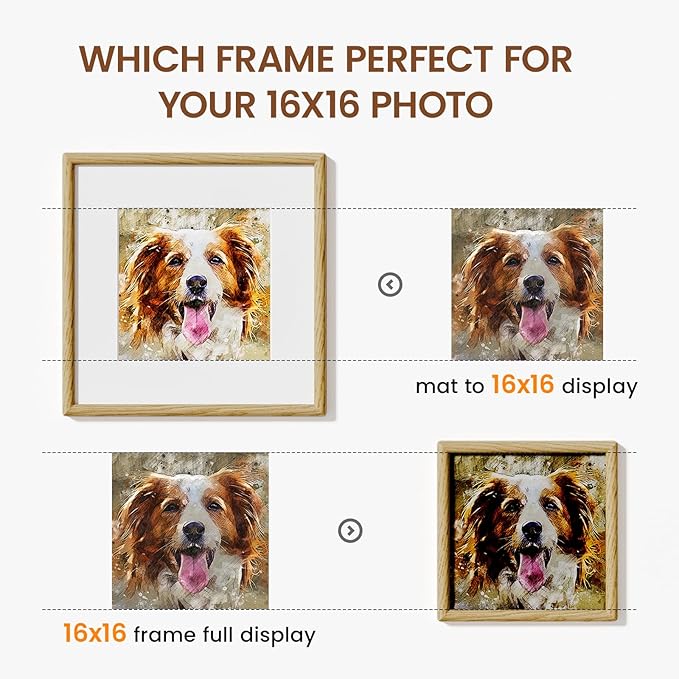 16x16 Picture Frame Natural Oak Wood From California-USA with Real Tempered Glass, Handcrafted 16x16 Photo Frame Matted to 12x12 Wedding Photo,Family Picture,Graduation Picture Display on Table & Wall