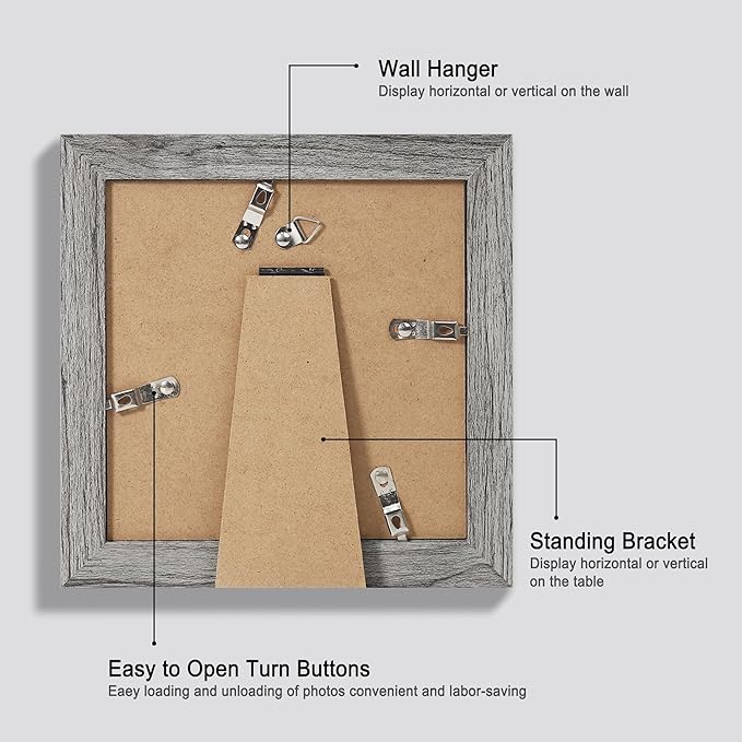 6x6 Picture Frame Set of 4, Made of Glass and Grey Wooden Frame - Display Picture 4x4 with Mat or 6 x 6 Without Mat, 6x6 Photo for Wall or Tabletop