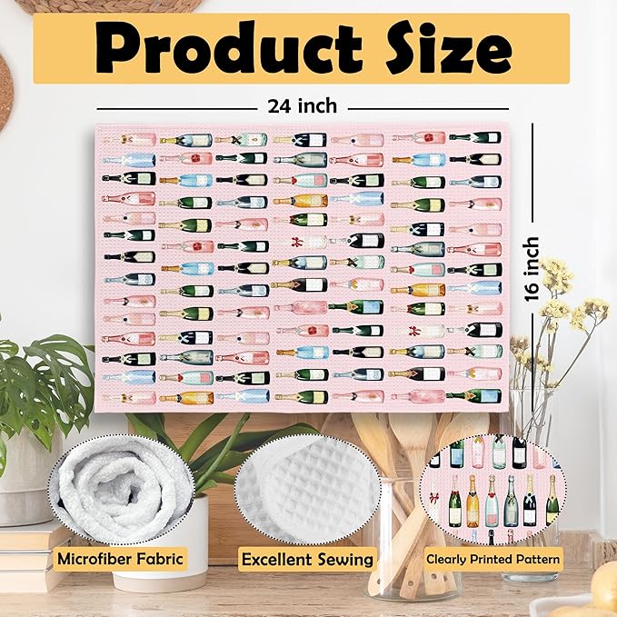 Pink Champagne Kitchen Towels, Champagne Accessories Home Bar Bathroom Decor, Champagne Gifts for Women, Cocktail Gift Bachelorettes Decorative Tea Dish Towels 16x24 Inch