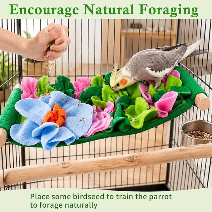 FlidRunest Bird Cotton Fabric Foraging Mat, Parrot Foraging Hammock Bed | Parakeet Enrichment Toy With Hidden Treat Flowers, Soft Fleece Feeding Mats Puzzle for Budgies, Conure