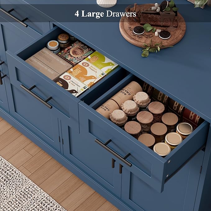 HOSTACK 60" Large Buffet Sideboard with Storage, 36" Tall Kitchen Buffet Storage Cabinet with 4 Drawers, Modern Coffee Bar Cabinet with Gold Handles, Long Sideboard Buffet Table for Kichen, Blue