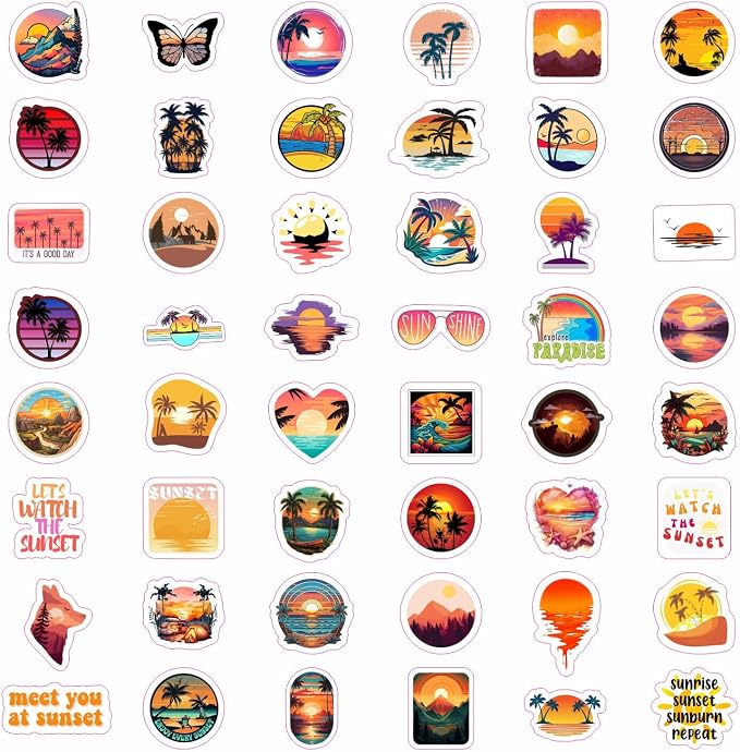 100Pcs Sunset Stickers - Beach Stickers, Sun Decals, Summer Decals for Water Bottle and Laptop, Palm Trees Party Supplies & Decorations, Beachy Stuff, Gifts for Women & Men