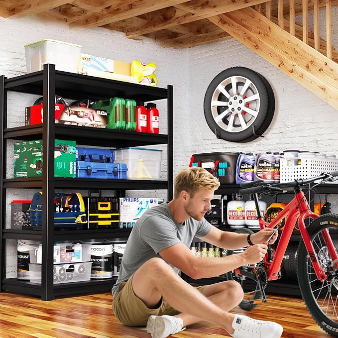 59" W Garage Shelving Heavy Duty Garage Storage Shelves Metal Shelving Unit 5T Adjustable Industrial Utility Shelf 3000LBS Black Organization Rack for Warehouse Storage,72" H x 59" W x 20" D