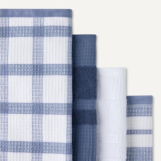 Amazon Basics Organic Cotton Waffle Kitchen Dish Towels - Ultra Absorbent, Quick Drying, Lint-Free, 15 x 25 inches, 6-Pack (4 Navy Strip/Checker, 1 White, 1 Solid Navy)