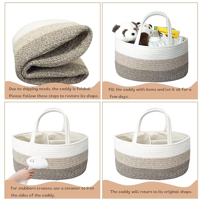 Baby Diaper Caddy Organizer, Extra Large Cotton Rope Nursery Diaper Basket, Changing Table Organizer, Portable Tote Bag with Divider, Car Storage, Baby Shower Gifts for Newborn Girls - Gradient Brown