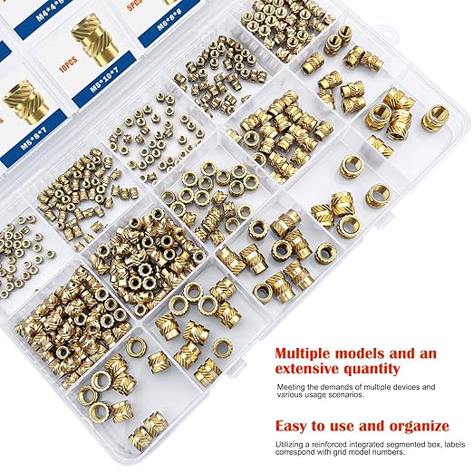 400Pcs Threaded Inserts, M2 M2.5 M3 M4 M5 M6 Female Thread Metric Knurled Nuts Assortment Kit, Brass Heat Set Insert for Plastic and 3D Printing Components (Threaded Inserts Ket)