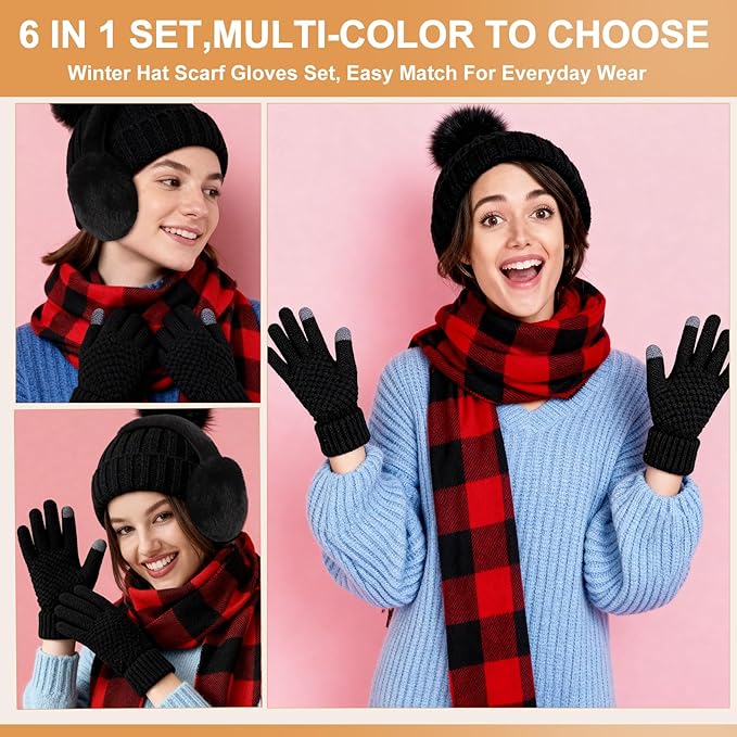 Geyoga 6 Pcs Winter Hat Scarf Gloves Set Knitted Touchscreen Gloves Plaid Scarf Earmuffs Socks Gift for Women Men