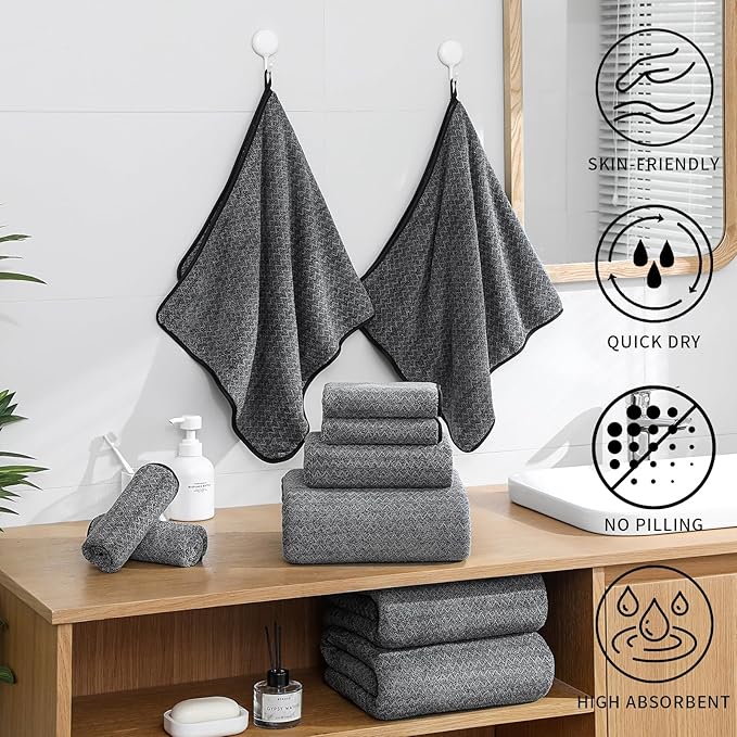 Ultra Soft Bath Towel Set,12 Piece (4 Bath Towels,4 Hand Towels,4 Washcloths) Family Bathroom Towel Set with Hanging Loops,Quick Dry Extra Absorbent Fluffy Shower Towel for Bathroom,Hotel,Spa-Black