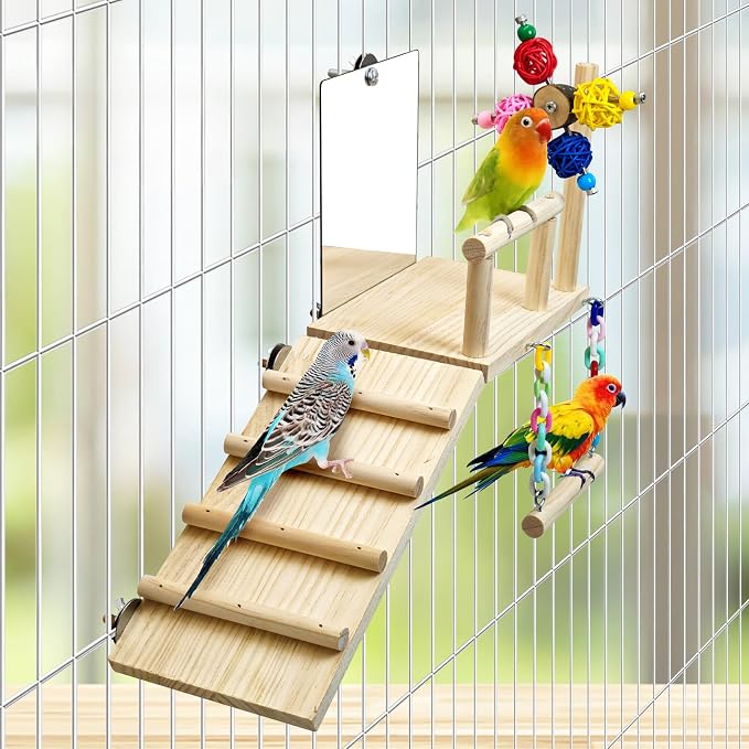 BNOSDM Bird Perch Platform with Mirror, Wooden Climbing Ladder for Parakeet, Small Bird Swing Toys with Rotating Balls Parrot Cage Accessories Budgie Playground for Cockatiel, Lovebirds, Conures