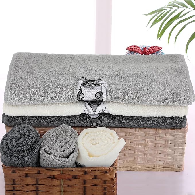 3 Pcs Decorative Hand Towels for Bathroom Cat Grey | 100% Cotton Embroidered Kitchen Towels, Farmhouse Rustic Home Decor, Soft Absorbent 13.3x29.5 Inch, Housewarming Gifts