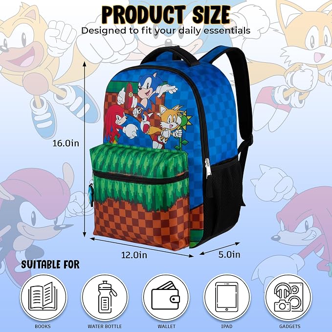 AI ACCESSORY INNOVATIONS Sonic The Hedgehog Backpack, Boys & Girls Featuring Sonic, Tails, and Knuckles,16” Bookbag w/Molded Sonic Dangle, Blue