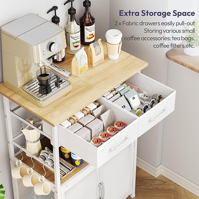 SWTYMIKI Coffee Bar Cabinet with Drawer - 20.47" Coffee Stand Station with Removable Hooks, Buffet Cabinet for Coffee Maker or Microwave, Kitchen Bar Table Storage Organizer, Natural