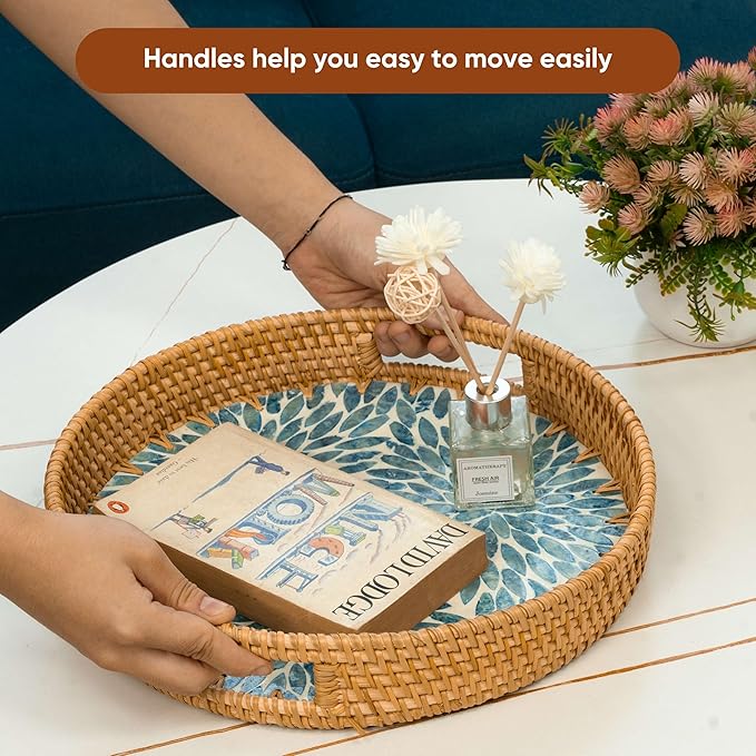 KOLWOVEN Round Rattan Tray with Handle, Rattan Serving Tray with Mother of Pearl Inlay Wooden Base, Decorative Wicker Basket for Table Decor (Blue Flower)