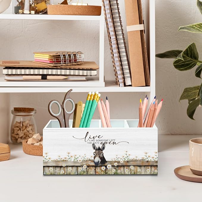 DILSJ Rustic Farmhouse Donkey 4 Compartment Pen Pencil Holder for Desk | Donkey Gifts, Live Like Someone Left the Gate Open Wooden Box Signs Organizer for Home Office Desk Tabletop Decoration