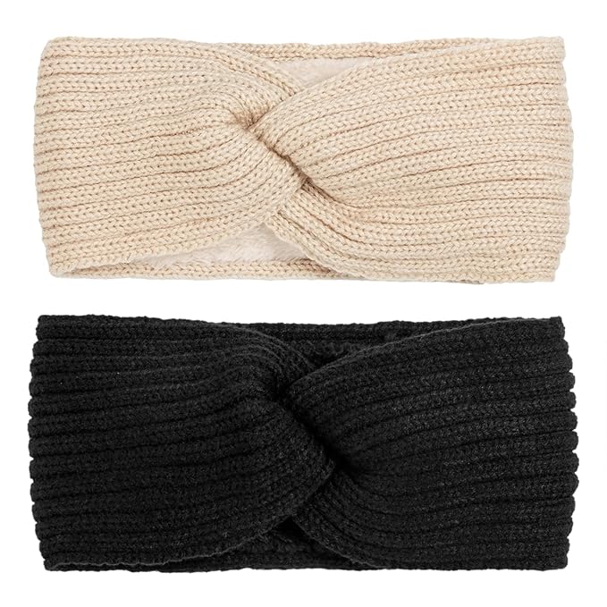AQOKKA Knit Winter Headbands for Women Fuzzy Wool Fleece Lined Ear Warmers Elastic Turban Crocheted Head Wrap Winter Accessories for Women Cold Weather