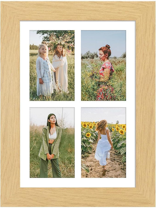 9x13 Picture Frame Display 4 opening 4X6 Picture Frame Collage,Multi Photo Frame with Mat,Plexiglass,Wall or Tabletop Decor,Natural Wood Grain