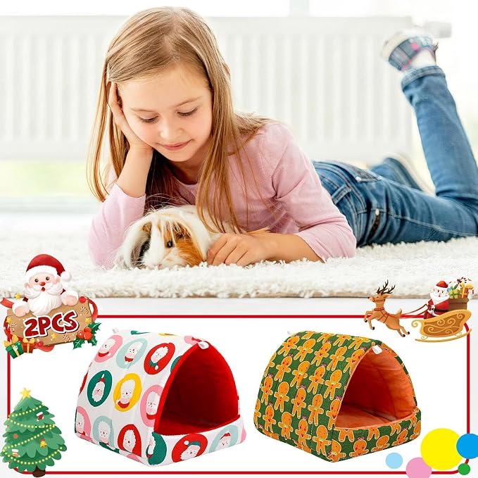UPINS 2 Pack Christmas Guinea Pig Hideout,Guinea Pig Bed | Washable Small Animal House Cage Accessories,for Chinchillas Hamsters Hedgehogs Ferrets Bearded Dragons and Rats
