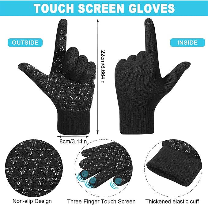 Winter Fleece Lined Beanie Hat Scarf Sock Touchscreen Gloves Set for Men Women