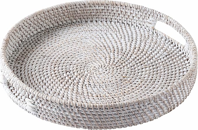 JUNGLE CULTURE Rattan Serving Tray 12" in Whitewash • Woven Serving Trays with Handles for Home • Round Decorative Dining Table Tray • Boho Wicker Serving Basket for Ottoman, Coffee Table, Couch