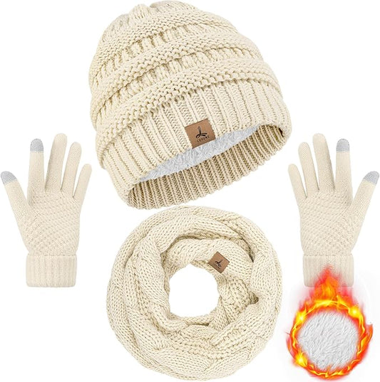 Winter Beanie Hat Scarf Gloves, Warm Fleece Knit Hats Touch Screen Gloves Neck Scarf Set Winter Gifts for Unisex Adult