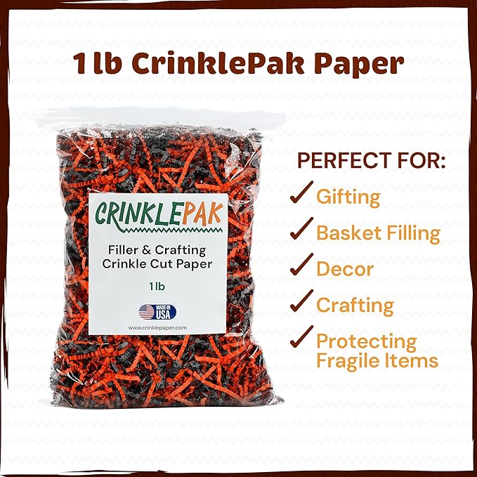 CrinklePak 1LB USA Made Halloween Crinkle Paper Filler | Great Shredded Paper For Gift Baskets, Shipping Packages, Gift Box Filler, Basket Filler, Birthdays, Weddings, Anniversaries | Crinkle Shred