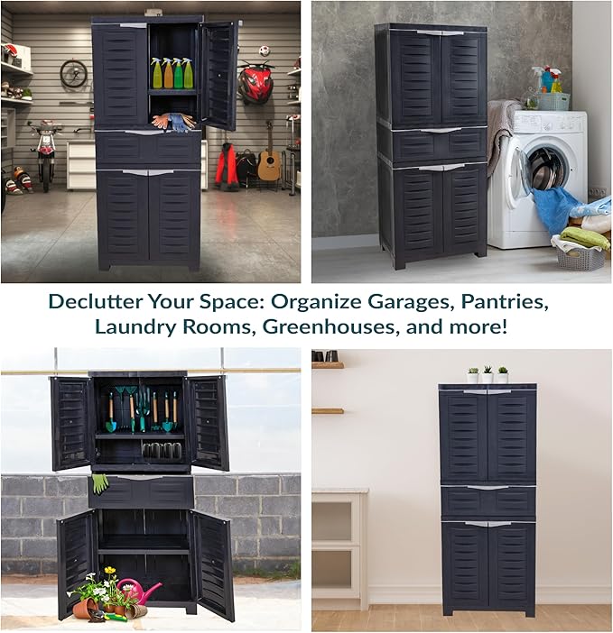 Sunnydaze 57" H Resin Garage Storage Cabinet - Garage Cabinet with 2 Adjustable Shelves - Freestanding Utility Storage for Laundry Room, Office, Basement - Charcoal