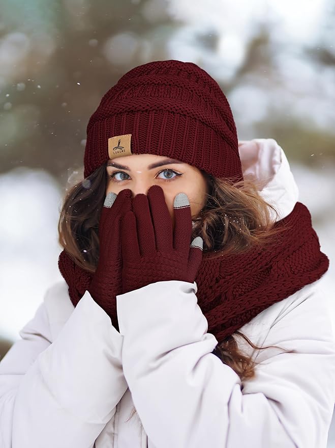 Winter Beanie Hat Scarf Gloves, Warm Fleece Knit Hats Touch Screen Gloves Neck Scarf Set Winter Gifts for Unisex Adult