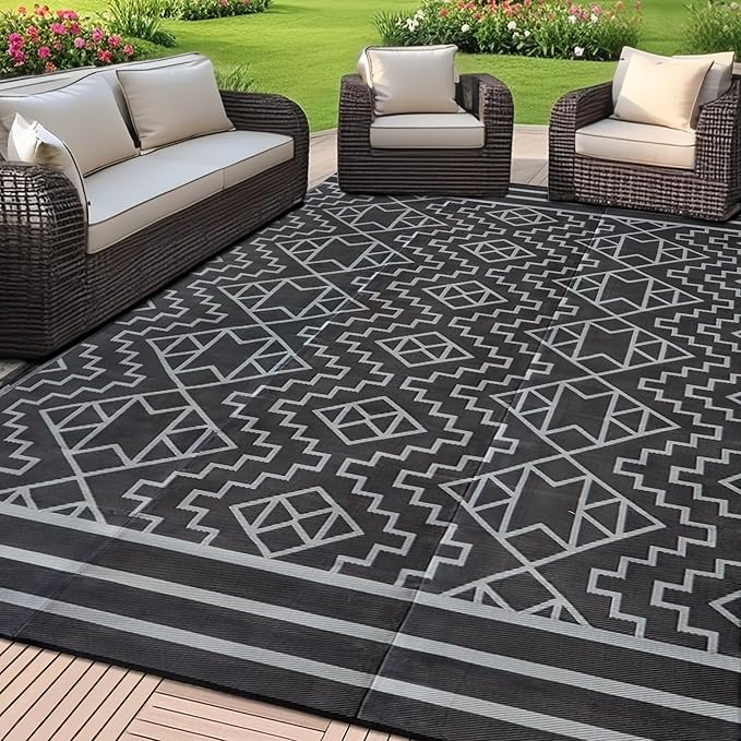 SAND MINE Reversible Mats, Plastic Straw Rug, Modern Area Rug, Large Floor Mat and Rug for Outdoors, RV, Patio, Backyard, Deck, Picnic, Beach, Trailer, Camping (9' x 18', Black & Grey)