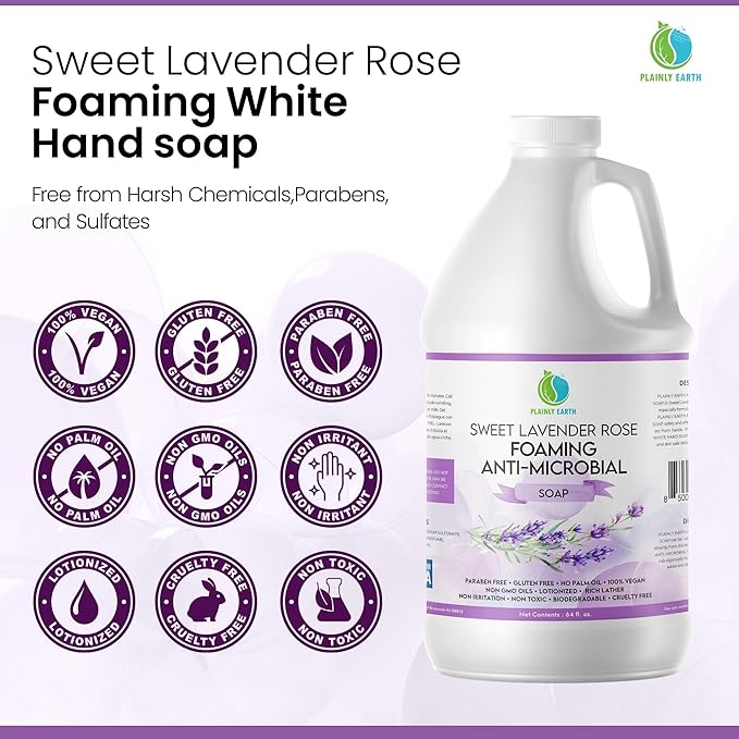 AntiMicrobial Hand Soap 64 oz - Sweet Lavender Rose Gentle Foaming Liquid Hand Soap Refill Antibacterial - Moisturizing, Long Lasting Freshness & Safe for Skin