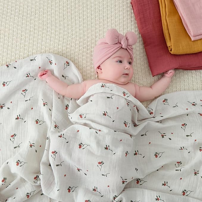 Muslin Swaddle Blankets for Boys & Girls, Soft Breathable Swaddling Blankets, Large 47" X 47" inches Baby Muslin Swaddles, 4 Pack Red Berries/Earthy Colors