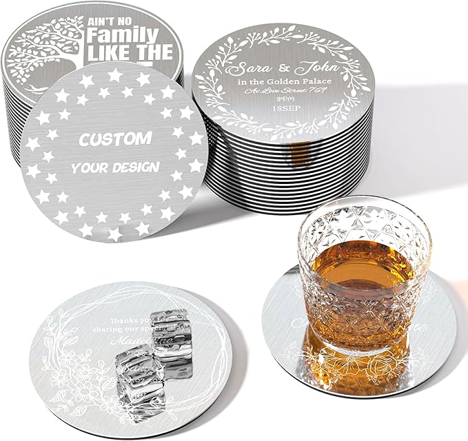 Personalized Coasters,Stainless Steel Coaster with Sponge Bottom,Engraved Drink Coasters with Logo/Name, Modern Coasters for Restaurant, Bar, Housewarming or Wedding Gift, Set of 6 (Silver, Round)