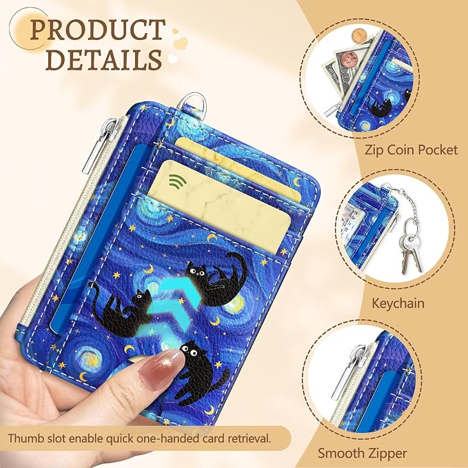 Kelvoris Credit Card Holder Small Wallet Women, Slim RFID, Blue Black Cat | Keychain, Zipper Coin Pocket, Front Pocket Thin Travel Card Case, Minimalist, 6 Card Slots, 1 ID Window, Ladies Gifts Woman
