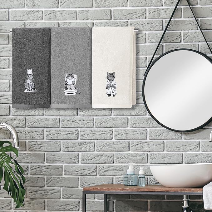 3 Pcs Decorative Hand Towels for Bathroom Cat Grey | 100% Cotton Embroidered Kitchen Towels, Farmhouse Rustic Home Decor, Soft Absorbent 13.3x29.5 Inch, Housewarming Gifts